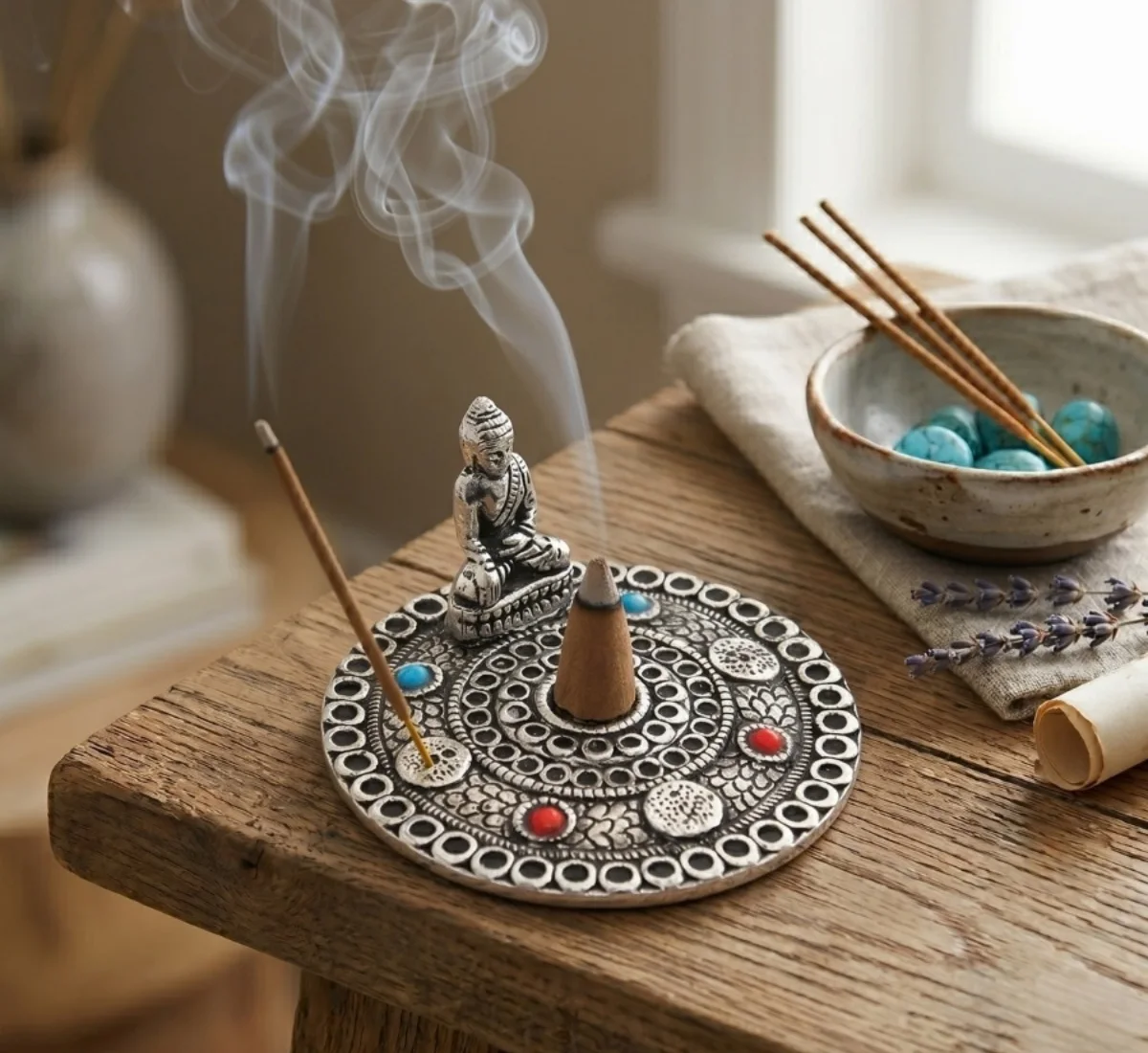 Buddha Figürlü Dekoratif Metal Tütsülük