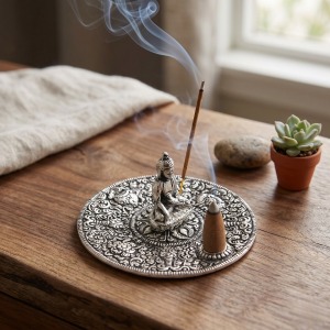 Buddha Desenli Yuvarlak Metal Tütsülük