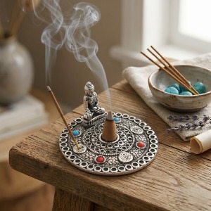 Buddha Figürlü Yuvarlak Metal Tütsülük